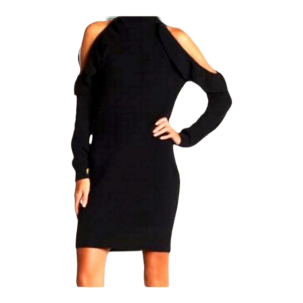 SOLUTIONS‎ Black Cold Shoulder Knit Sweater Dress